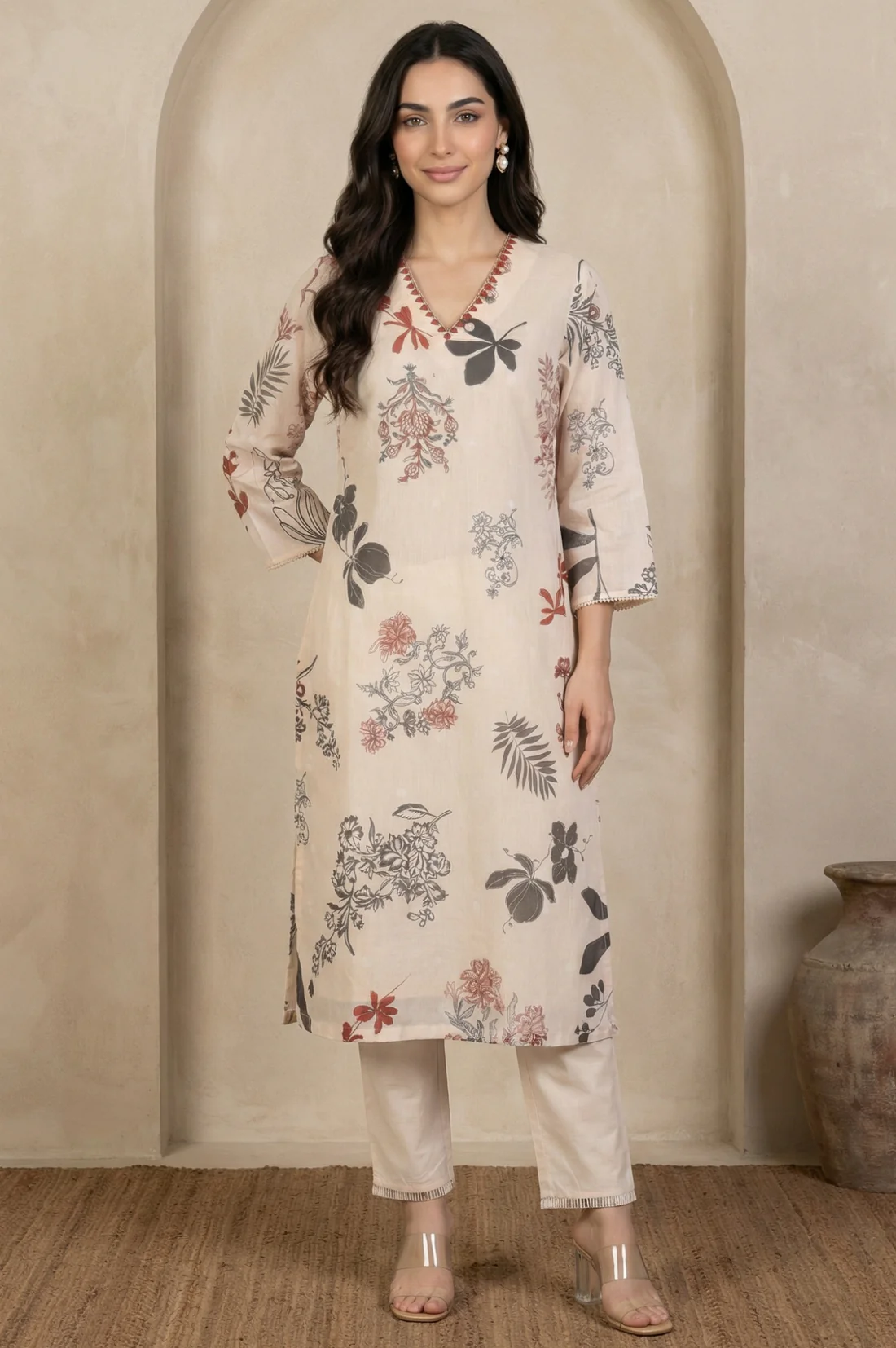 Cream Floral Printed Lace Chiffon Straight Kurta